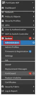 Menú System Administrators en FortiGate