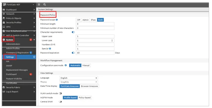 Configuración de Settings en FortiGate