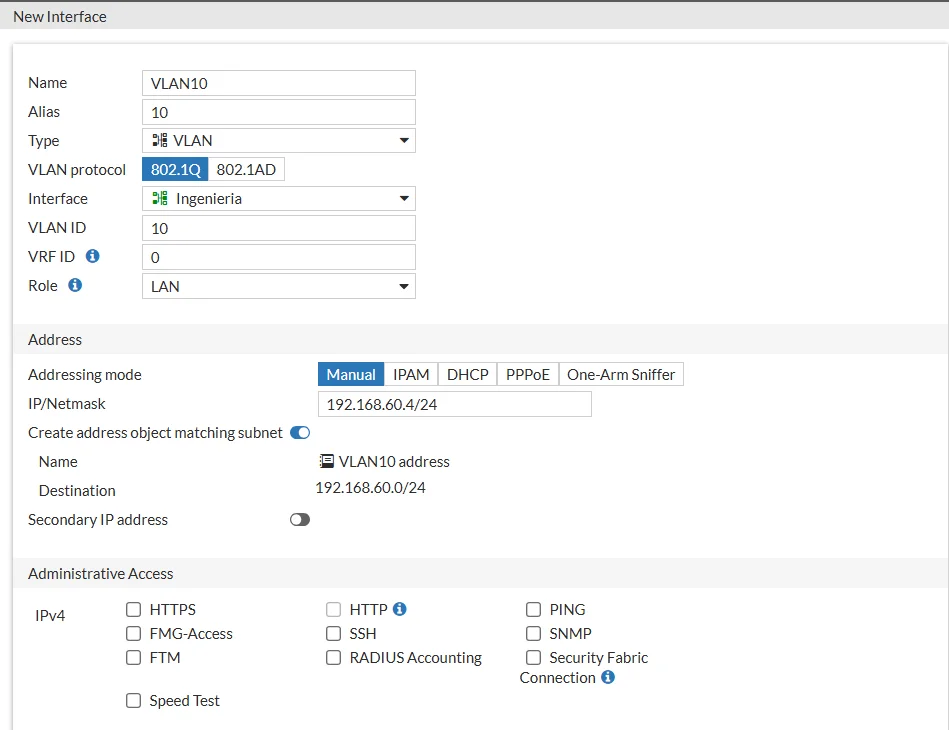 Configuración de IP y acceso administrativo de la VLAN