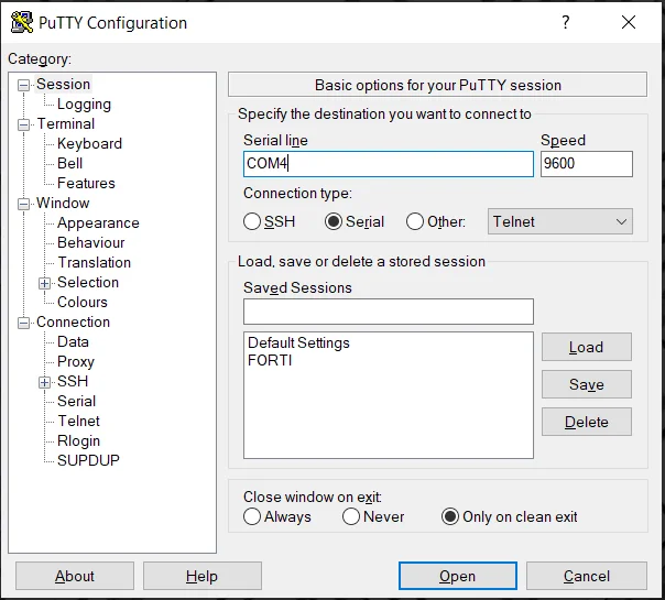 Configuración de PuTTY en modo Serial con el puerto COM4 para conectar a FortiGate