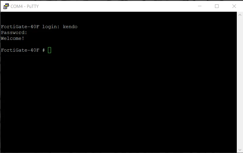 Pantalla de inicio de sesión de FortiOS en la terminal de PuTTY