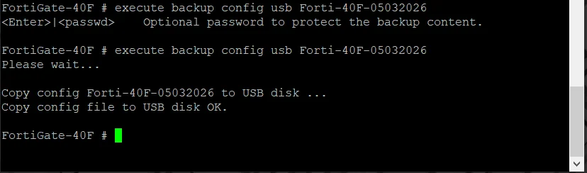 Ejecución del comando 'execute backup config usb' en la CLI de FortiGate