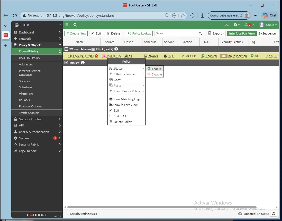 Prueba de Ping exitosa confirmando el tráfico de red gracias a la política de Firewall