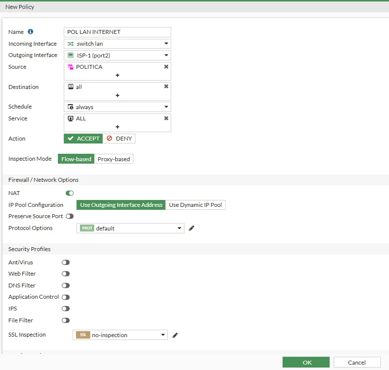 Configuración de los parámetros para una nueva política de firewall en FortiGate