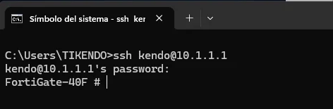 Pantalla de inicio de sesión de FortiOS en la terminal de PuTTY