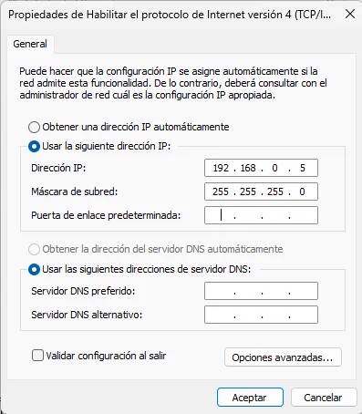 Configuración de dirección IP en la PC para acceder a la GUI de FortiGate