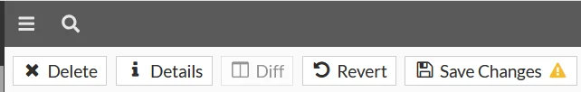 Opciones disponibles en el menú de Revisions: Delete, Details, Diff, Revert, Save Changes