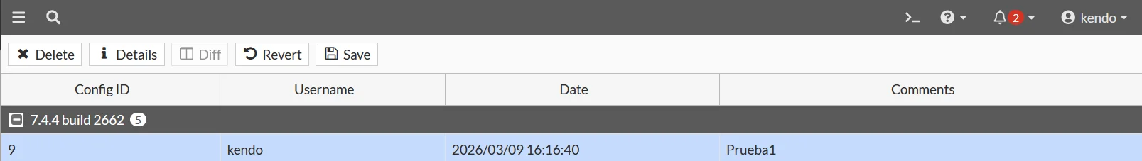 Lista de revisiones guardadas con ID, Username, Date y Comments en FortiGate